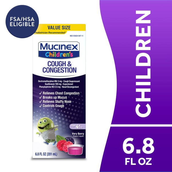 Cold, Flu & Allergy Mucinex Congestion & Cough, Kid's Congestion & Cough Liquid, Berrylicious, Value Size hero