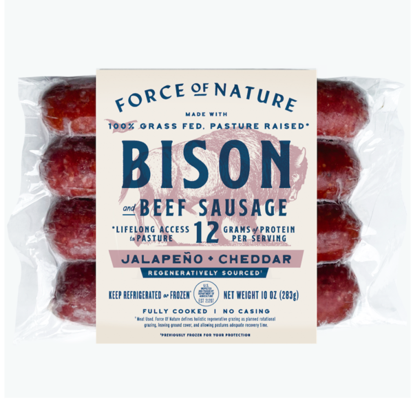 Packaged Meat Force of Nature Bison and Beef Jalapeno + Cheddar Sausages, 100% grass fed hero