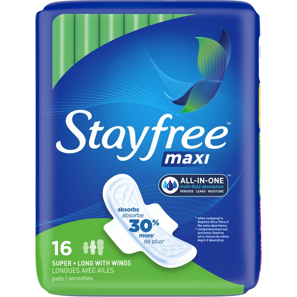 Feminine Care Stayfree Maxi Long Pads with Wings, Unscented, Super hero