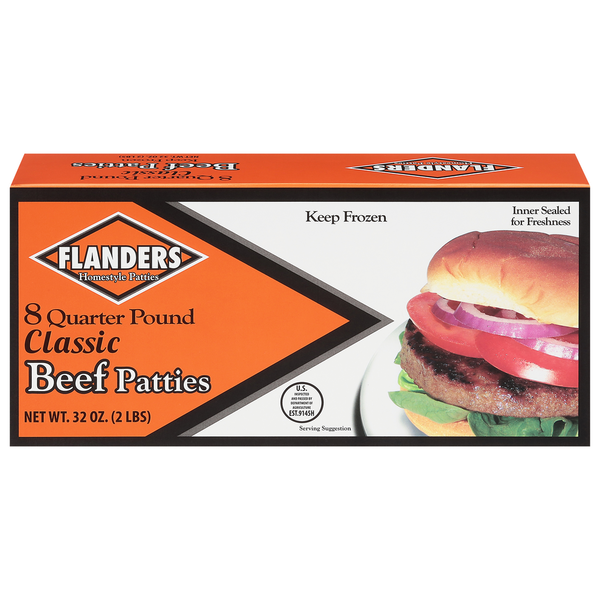 Frozen Meat & Seafood Flanders Beef Patties, Quarter Pound, Classic hero