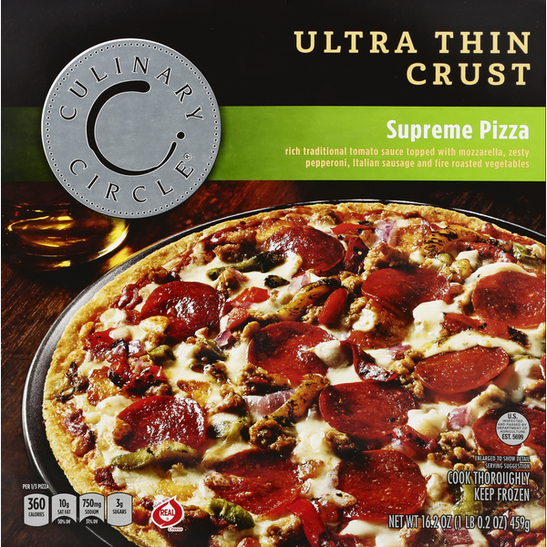 Frozen Pizza Culinary Circle Pizza, Ultra Thin Crust, Supreme hero