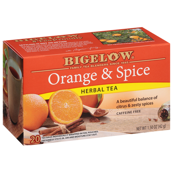 Tea Bigelow Herbal Tea, Orange & Spice, Caffeine Free, Tea Bags hero