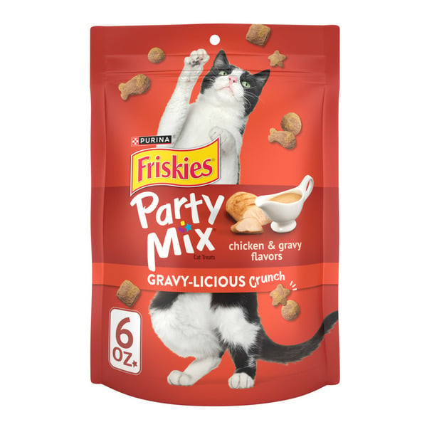 Cat Food & Care Purina Friskies Cat Treats, Party Mix Gravy-licious Crunch Chicken and Gravy Flavors hero