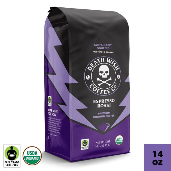 Coffee Death Wish Coffee, Espresso Roast, Organic and Fair Trade, Ground Coffee hero