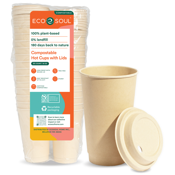 EcoSoul Compostable Hot Cups, with Lids, 25 Count hero