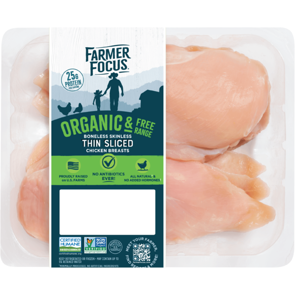 Packaged Poultry Farmer Focus Organic & Free Range Boneless Skinless Thin Sliced Chicken Breasts hero