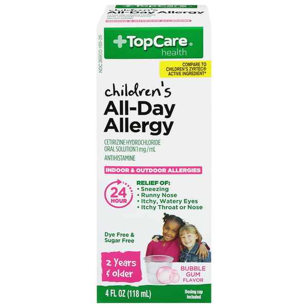 Cold, Flu & Allergy TopCare Antihistamine, All-Day Allergy, Children's, Bubble Gum Flavor hero