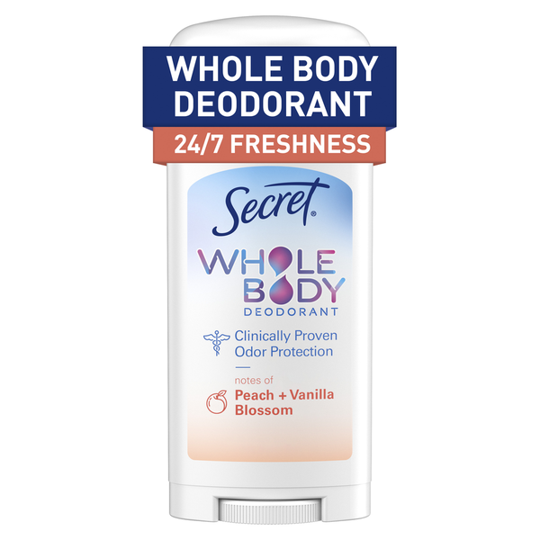 Deodorants Secret Whole Body Stick Aluminum Free Deodorant for Women with notes of Peach & Vanilla hero