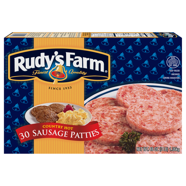 Frozen Breakfast Rudy's Farm Uncooked Country Hot Sausage Patties, Frozen hero