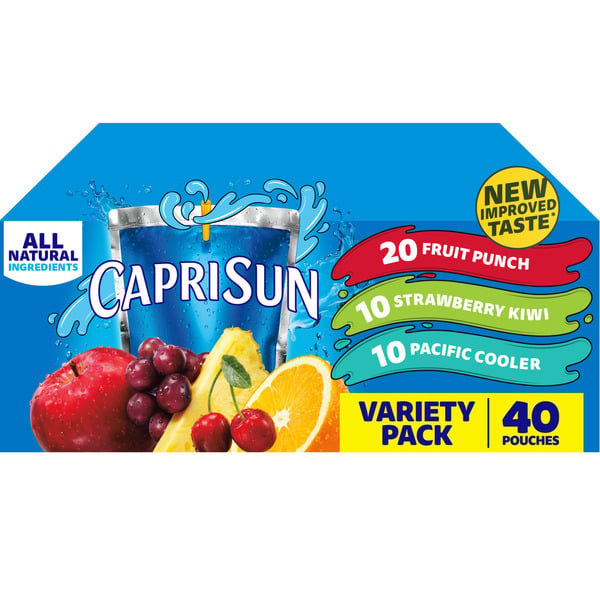 Juice & Nectars Capri Sun Fruit Punch, Strawberry Kiwi & Pacific Cooler Kids Juice Pouches Variety Pack hero