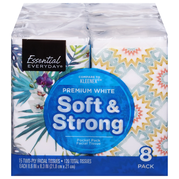 Paper Goods Essential Everyday Facial Tissues, Soft & Strong, Premium, White, Two-Ply, Pocket Pack, 8 Pack hero