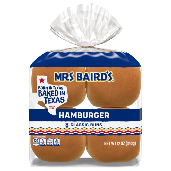 Buns & Rolls Mrs. Baird's 8 count, White Hamburger Buns hero