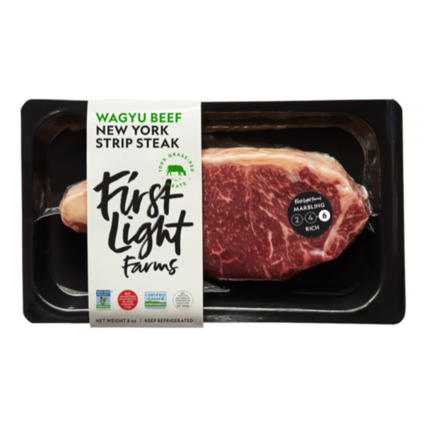 Packaged Meat First Light Farms 100% Grass-Fed Wagyu Beef New York Strip Steak hero