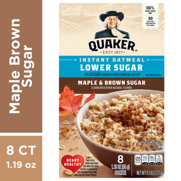 Hot Cereal & Pancake Mixes Quaker Instant Oatmeal, Lower Sugar, Maple & Brown Sugar hero