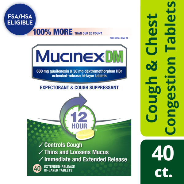 Cold, Flu & Allergy Mucinex DM 12 Hr Relief Tablets, 600 mg Guaifenesin, 30 mg Dextromethorphan HBr hero