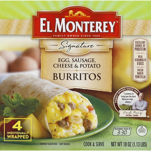 Frozen Breakfast El Monterey Burritos, Egg, Sausage Cheese & Potato hero