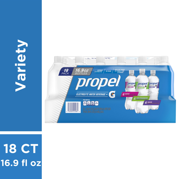 Water, Seltzer & Sparkling Water Propel Electroyte Water Beverage, Berry/Kiwi Strawberry/Grape, 18 Pack hero