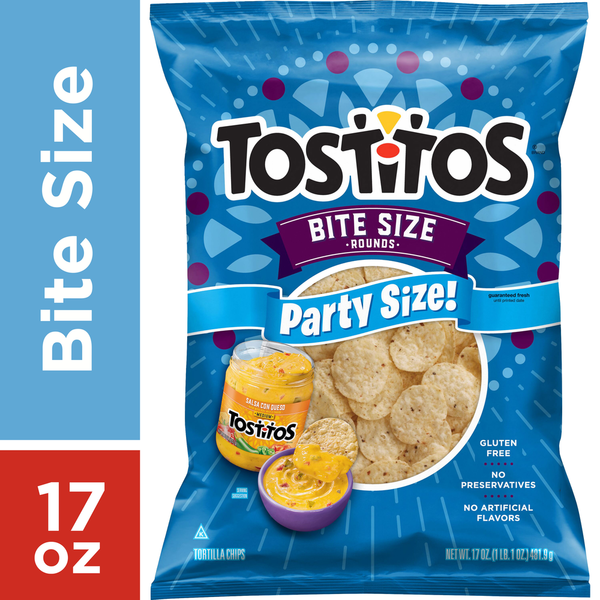 Chips & Pretzels Tostitos Tortilla Chips, Bite Size, Party Size hero