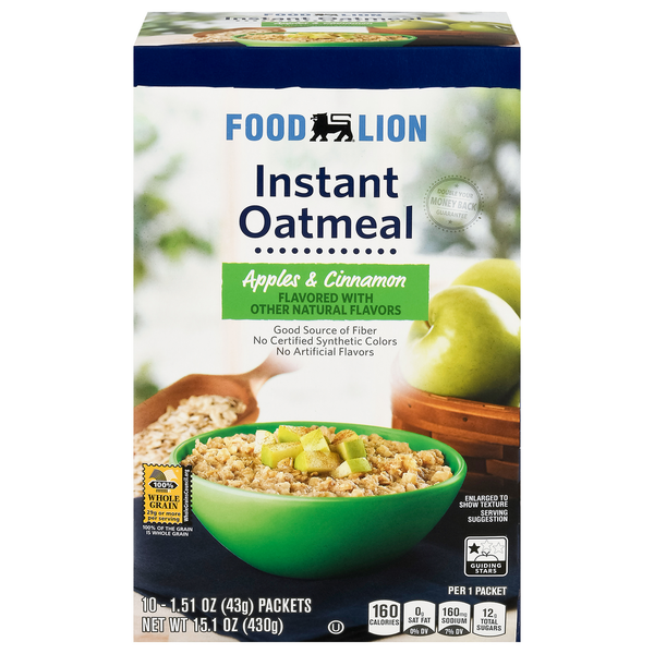 Hot Cereal & Pancake Mixes Food Lion Instant Oatmeal, Apples & Cinnamon hero