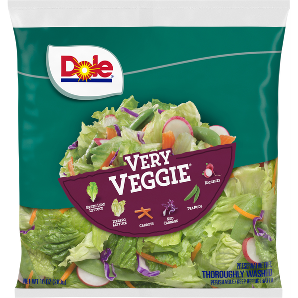 Fresh Vegetables Dole Very Veggie Green Leaf Lettuce Iceberg Lettuce Carrots Red Cabbage Pea Pods Radishes hero