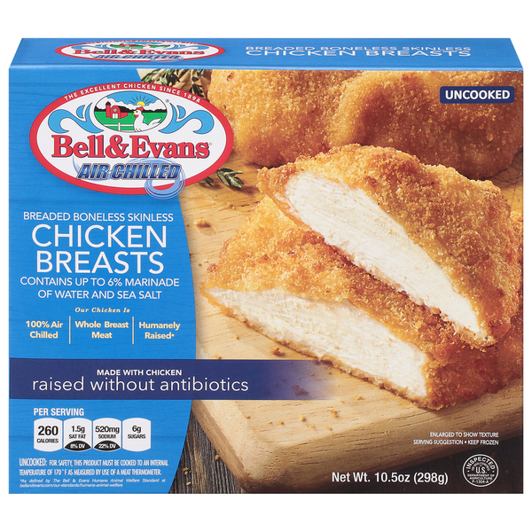 Frozen Meat & Seafood Bell & Evans Breaded Boneless, Skinless Chicken Breasts, Uncooked hero