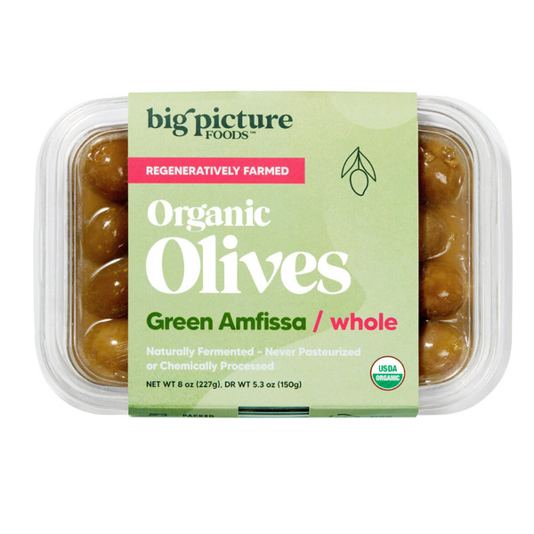 Specialty Cheese Big Picture Foods Organic Green Amfissa Olives, Whole, Refrigerated Fresh + Raw hero