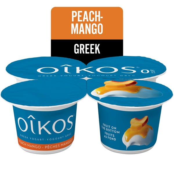 Yogurt Oikos Fat Free Greek Yogurt, Peach-Mango Flavour, Fruit On The Bottom, 0% M.F. hero