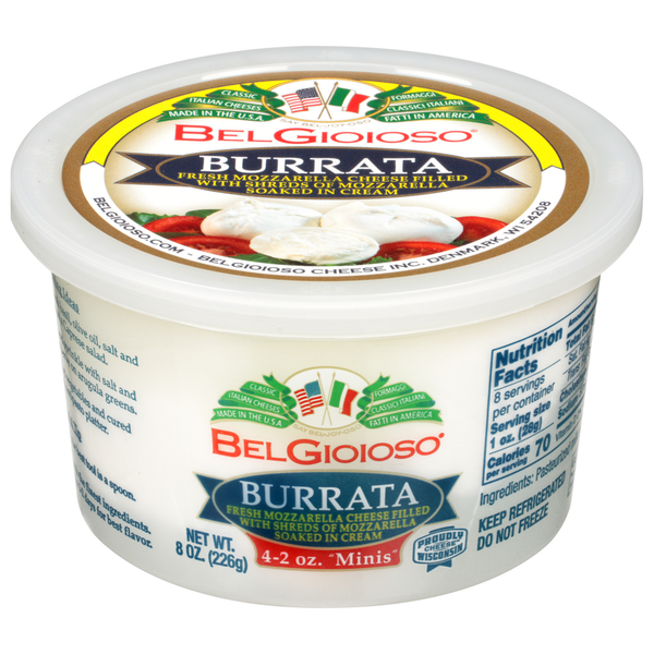 Specialty Cheeses BelGioioso Fresh Mozzarella Cheese Burrata, Cup 4-2oz Mini Balls hero