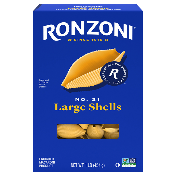 Dry Pasta Ronzoni Large Shells, 16 oz, Non-GMO Pasta for Warm and Cold Dishes hero