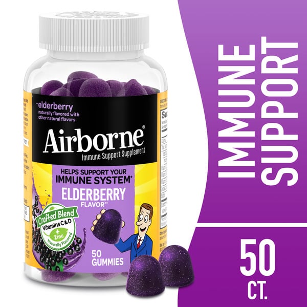 Vitamins & Supplements Airborne Elderberry Flavor Immune Support Supplement Gummies, Vitamins C & D + Zinc hero