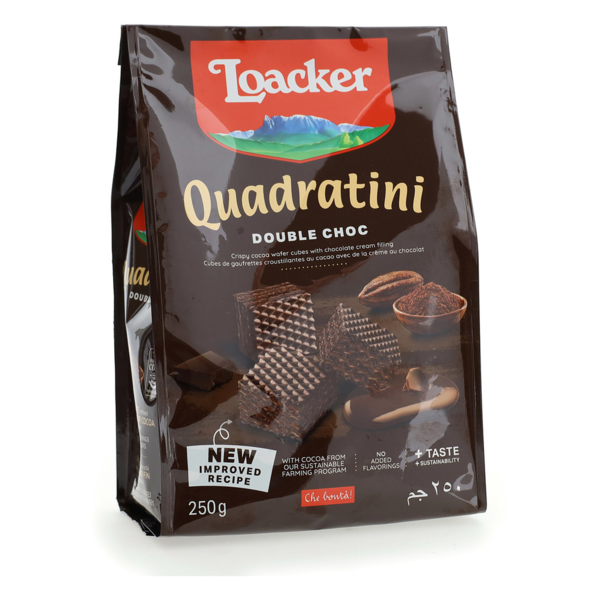 Candy & Chocolate Loacker Quadratini Double Choc, Bite-size Wafer Cookies hero