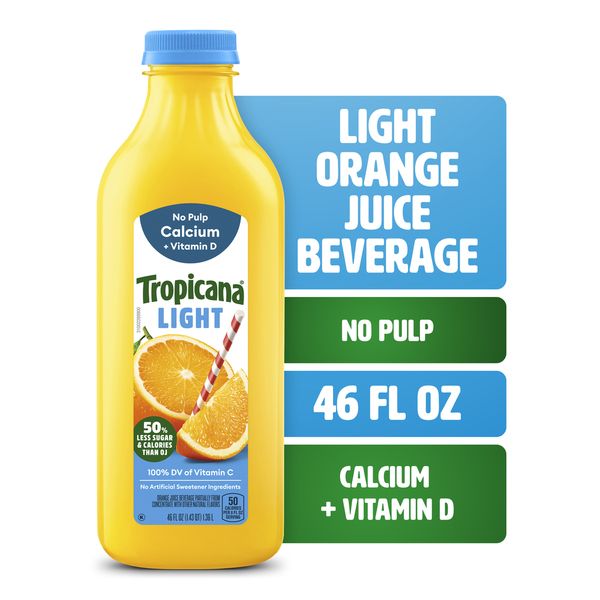 Juice & Nectars Tropicana Light Orange Juice Beverage, No Pulp, Calcium and Vitamin D, 46 fl oz Bottle hero