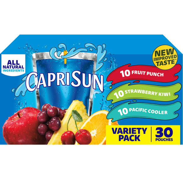 Shelf Stable Beverages Capri Sun Fruit Punch, Strawberry Kiwi & Pacific Cooler Kids Juice Pouches Variety Pack hero