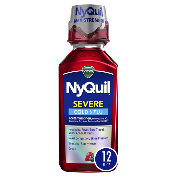 Cold, Flu & Allergy Vicks Severe Cold & Flu Nighttime Relief Berry Flavor Liquid 12 oz hero