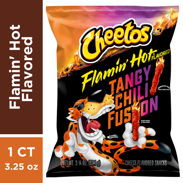 Candy & Chocolate Cheetos Cheese Flavored Snacks, Flamin' Hot Flavored, Tangy Chili Fusion hero