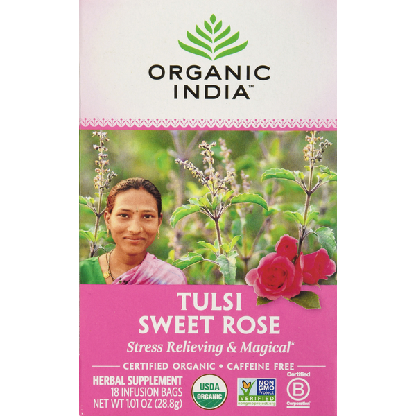 ORGANIC INDIA Caffeine-Free Tulsi Tea Bags Sweet Rose hero