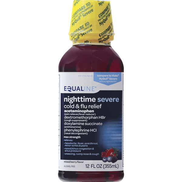 Cold, Flu & Allergy Equaline Cold & Flu Relief, Mixed Berry Flavor, Nighttime Severe hero