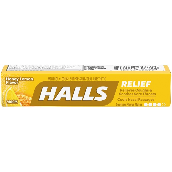 Cold, Flu & Allergy Halls Relief Honey Lemon Cough Suppressant/Oral Anesthetic Menthol Drops hero