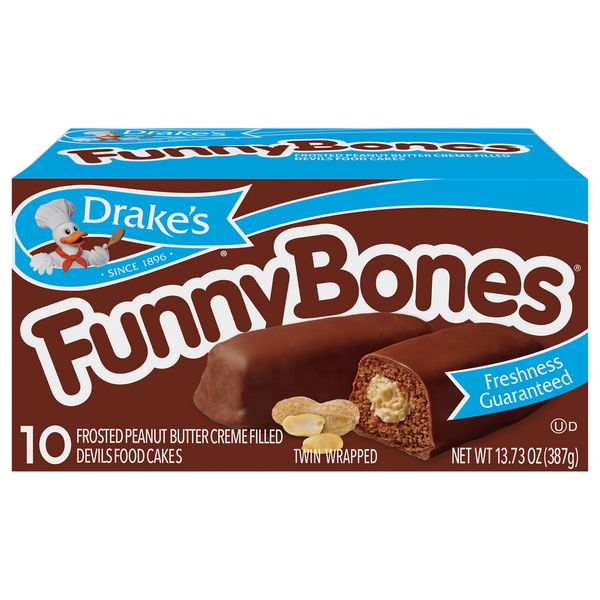 Candy & Chocolate Drake's Devils Food Cakes, Frosted Peanut Butter Creme Filled, Funny Bones hero