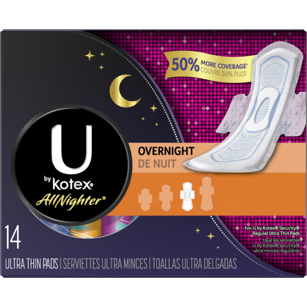 Feminine Care U by Kotex AllNighter Ultra Thin Overnight Pads with Wings, Fragrance-Free, 14 Count hero