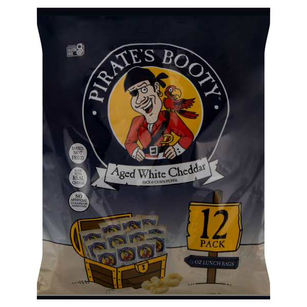 Popcorn & Jerky Pirate's Booty Rice & Corn Puffs, Aged White Cheddar, 12 Pack hero