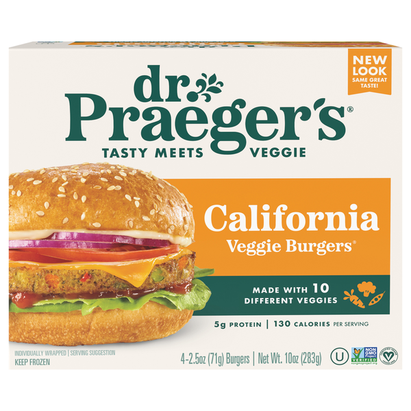 Frozen Vegan & Vegetarian Dr. Praeger's Veggie Burgers, California hero