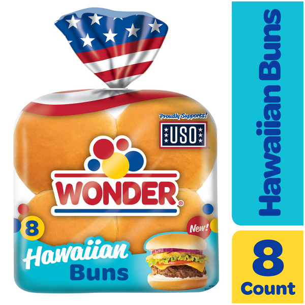 Buns & Rolls Wonder Bread Hawaiian Buns, White Hawaiian Bread Hamburger Buns, 15 oz, 8 Count hero