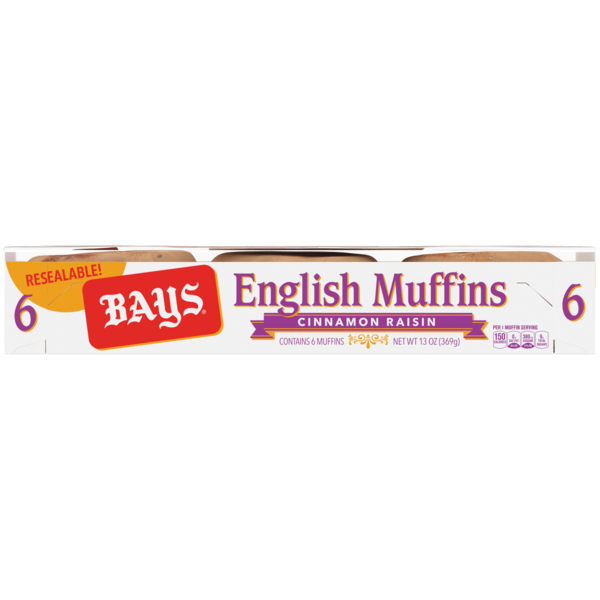 Breakfast Bakery Bays English Muffins, 6  count, Cinnamon Raisin Pre-sliced English Muffins hero