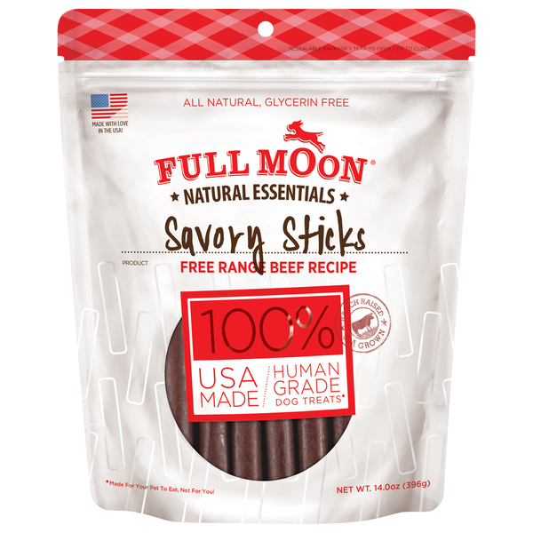 Dog Food & Care Full Moon Dog Treats, Savory Sticks, Free Range Beef Recipe hero