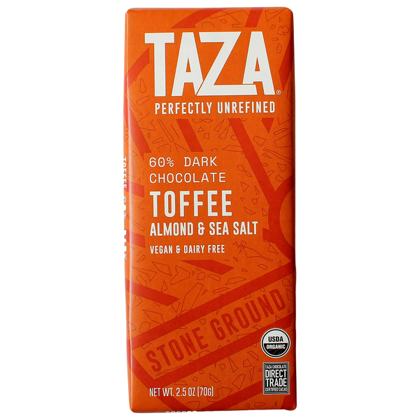 Candy & Chocolate Taza Dark Chocolate, Organic, Toffee Almond & Sea Salt, 60% Dark hero