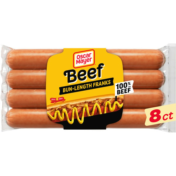 Hot Dogs, Bacon & Sausage Oscar Mayer Bun-Length Beef Franks Hot Dogs hero