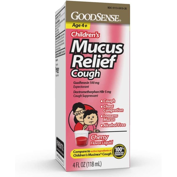 Cold, Flu & Allergy Good Sense Children's Mucus Relief Guaifenesin 100 Mg Expectorant, Dextromethorphan Hbr 5 Mg Cough Suppressant Liquid, Cherry hero