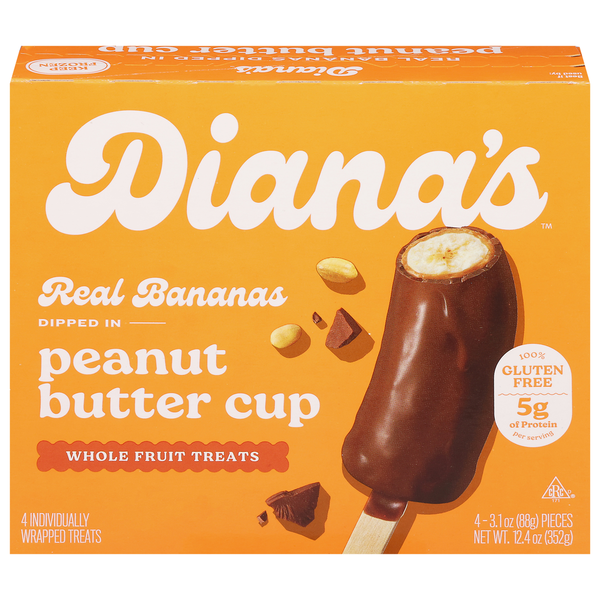 Diana’s Gluten Free Peanut Butter and Milk Chocolate Frozen Fresh Fruit Banana Sticks hero