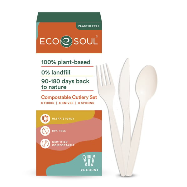 Kitchen Supplies EcoSoul Plant-Based Compostable Cutlery Set, 24 Count hero